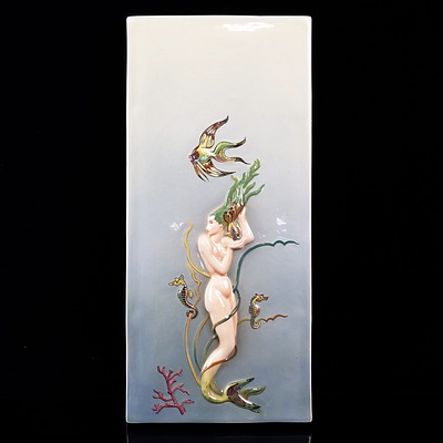 Vintage Italian Hand Crafted and Decorated Porcelain Wall Tile Depicting a Mermaid