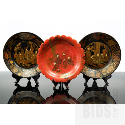Three Vintage Asian Decorated Lacquerware Plates