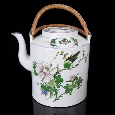Large Chinese Hand Decorated Water/Tea Pot with Cane Handle, 20th Century