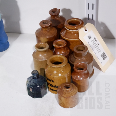 Nine Vintage Stoneware Ink and Other Bottles and a Small Glass Bottle with Ink