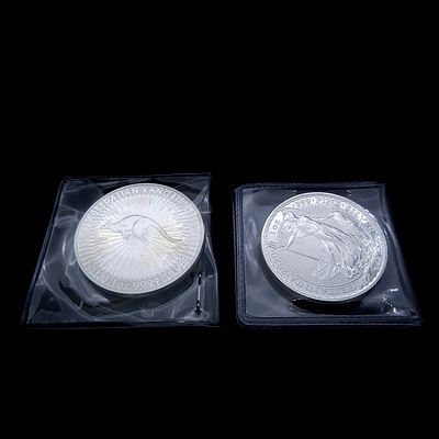 Two 1oz .999 Silver Coins, Britannia 2020 and Australian Kangaroo 2020
