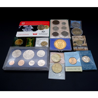 Collection of Commemorative Coins and Medallions, Including BP Souvenir Wallet, Bradman $5 Coin, Our Legends Coins and More
