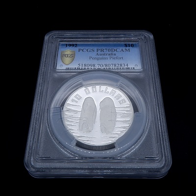 PCGS 1992 Penguins Piedfort $10 Silver Coin