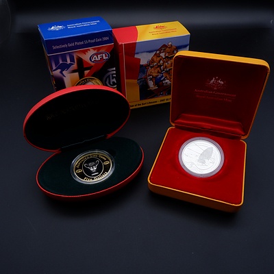 RAM 2007 Year of the Surf Life Saver Silver $5 Proof Coin and 2004 AFL Selectively Gold Plated $5 Proof Coin