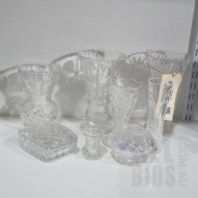 Assorted Vintage Cut Crystal and Glass Vases, Trinket Boxes and a Purple Butterfly