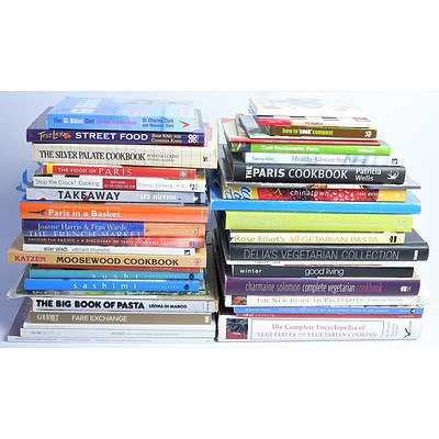Approximately 40 Cook Books, Mix of Hardcover and Paperback Including Moosewood Cookbook, Paris in a Basket and More