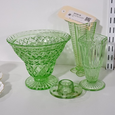 Three Vintage Green Depression Glass Vases and Two Frogs
