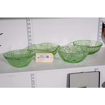 Assorted Vintage Green Depression Glass Pieces including Four Serving Bowls