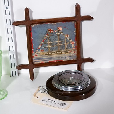 Vintage German Barometer and a Framed Woolen Boat Artwork
