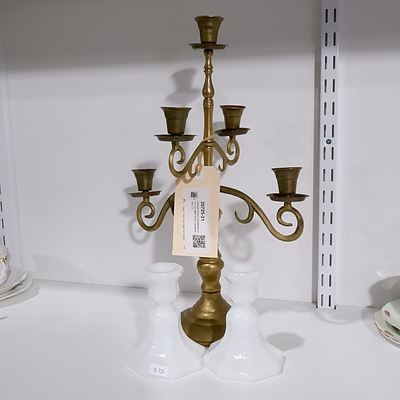 Vintage Brass Candalabra and Two Milk Glass Candlesticks (3)