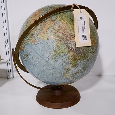 Vintage World Globe with Brass Frame and Wooden Stand