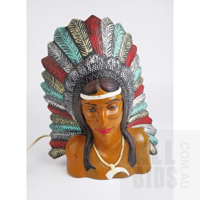 Vintage Painted Ceramic Native American Bust Table Lamp