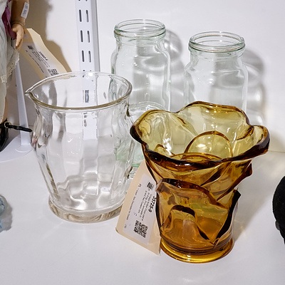 Vintage Amber Glass vase with Frog, Pink lemonade Jug and Two Fowlers Jars