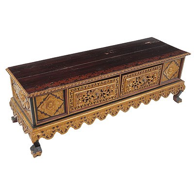 Vintage Chinese Heavily Carved and Gold Decorated Two Drawer Coffee Table