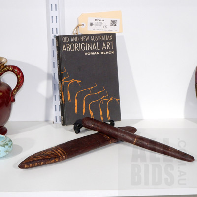 Two Vintage Australian Indigenous Wooden Message Sticks and First Edition R Black, Old and New Aboriginal Art, Angus & Robertson, 1964
