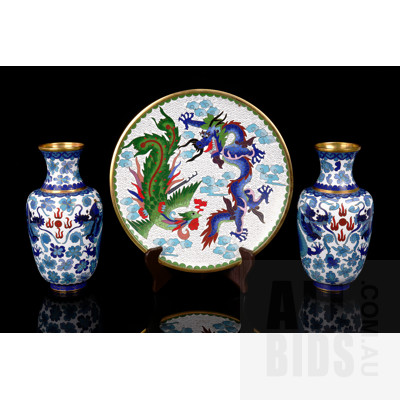 Pair Chinese Cloisonne Dragon Themed Vases and Dragon and Phoenix Cloisonne Display Plate