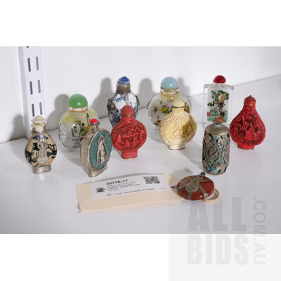 Collection 11 Chinese Snuff Bottles Including Glass Examples, Ceramic Examples and More