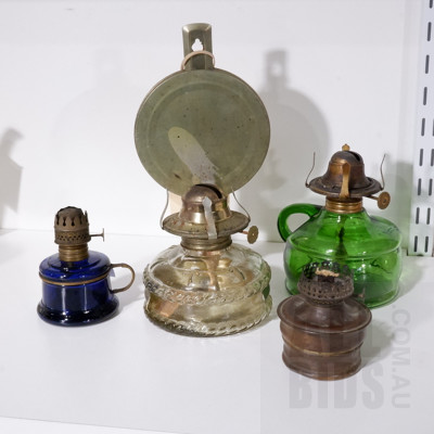Quantity Four Vintage Kerosene Lamp Bases Including Bristol Blue Example and More