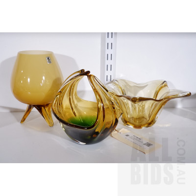 Quantity Three Pieces Art Glass Including Basket Form Example