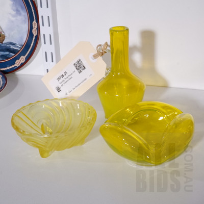 Quantity Three Pieces Vintage Vaseline Glass