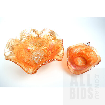 Vintage Carnival Glass Nappy Bowl with Dugan Wind Flower Motif and Carnival Glass Footed Bowl with Marigold Pattern