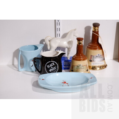 Collection of Vintage Bar Advertising Ware Including Johnnie Walker Plate and Jug, Two Wade Bells Whisky Bottles and More