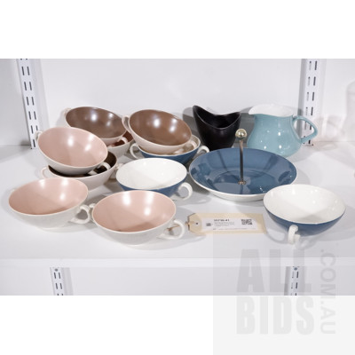 Quantity 14 Pieces Retro English Poole Pottery Dinner Ware Including 10 Dessert Coupes and More