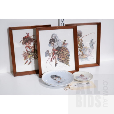 Quantity Three Vintage Brownie Downing Framed Prints and Two Brownie Downing Porcelain Dishes