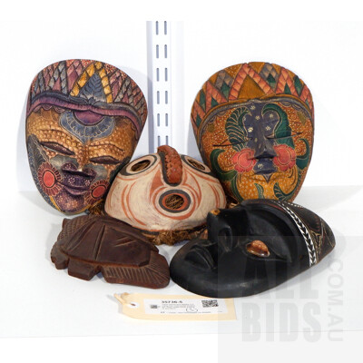 Two Indonesian Hand Painted Masks, PNG Sepik River Example and More