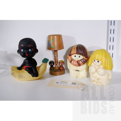 Quantity Retro Items Including 1970s Adam and Eve Money Boxes by Boltze, Barsonay Style Banana Money Box and More