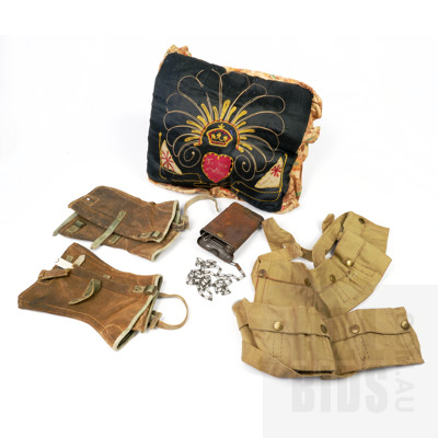 Collection War Memorabilia Including WWII German K98 Rifle Cleaning Kit, Ammunition Belt, Pairs Gaiters and Hand Embroidered Pillow Cover with Love to Mum