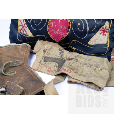 Collection War Memorabilia Including WWII German K98 Rifle Cleaning Kit, Ammunition Belt, Pairs Gaiters and Hand Embroidered Pillow Cover with Love to Mum