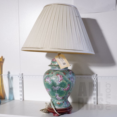 Chinese Famille Verte Ceramic Vase Converted to Table Lamp with Shade