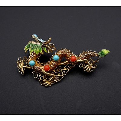 Vintage Chinese Gilt Sterling Silver Dragon Brooch with Coral and Turquoise Cabochons