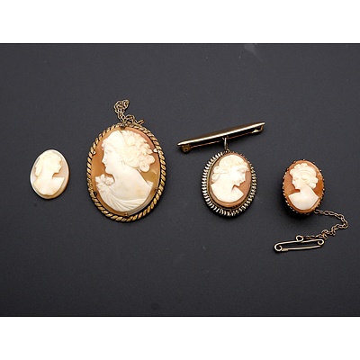 Three Vintage Shell Cameo Brooches and Another Unset Shell Cameo