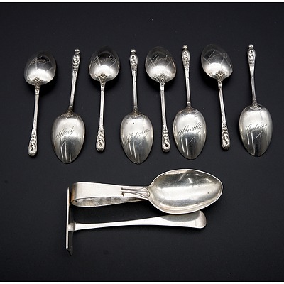 Eight .950 Silver Battlefields of France Teaspoons, Birmingham Sterling Silver Baby Spoon and Pusher