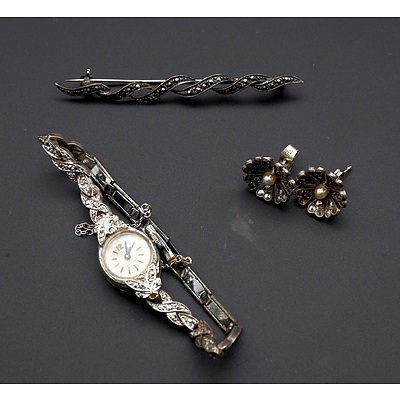 Vintage Marcasite Swissmont Ladies Wristwatch, Pair Marcasite Earrings and and Marcasite Brooch