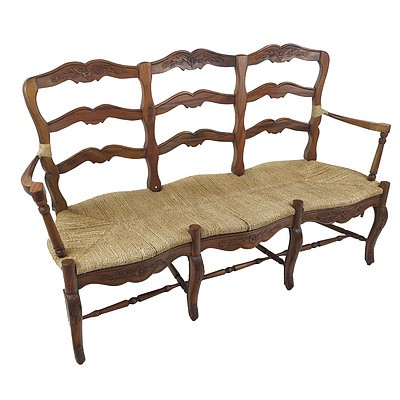 French Antique Style Three Seat Settee with Rattan Seat and Bindings