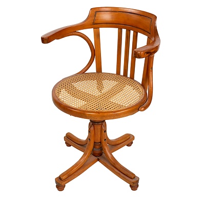 European Beech Captains Chair with Woven Rattan Seat, Early 20th Century