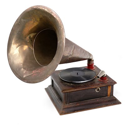 Antique Hand Cranked Gramophone with Original Horn