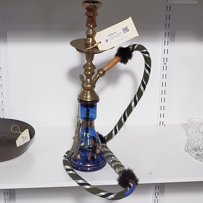 Middle Eastern Gilded Blue Glass and Brass Hookah Pipe with Fur Trimmings