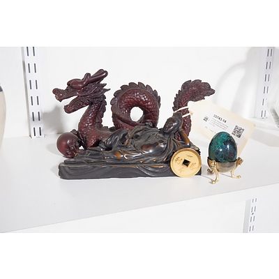 Vintage Eastern resin Dragon Figure and Deity Figures, Small trinket Box and Stone Egg