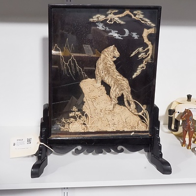 Asian Carved Balsa Wood Figure of a Tiger on a Mountaintop in Shadowbox Frame on Stand