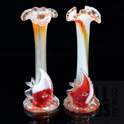 Two Vintage Studio Glass Vases with Frilled Rims and Attatched Fish Motif (2)