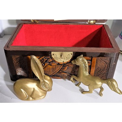 Vintage Carved Wooden jewellery Box and Two Small Brass Figures