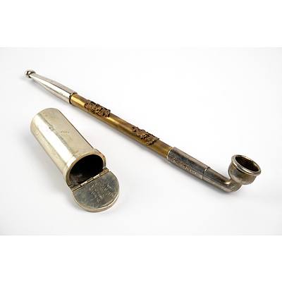 Vintage Hand Decorated Silver Metal and Brass Opium Pipe with Dragon Motif and an Inscribed Silver Metal Canister (2)