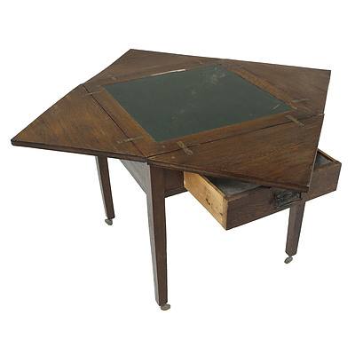 Antique Oak Envelope Card Table with Single Drawer and Felted Top Circa 1920s