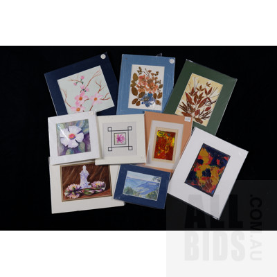 A Group of Nine Unframed Miniature Paintings and Watercolours, Largest 17 x 17 cm