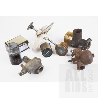 Assorted Vintage Auto Electrical Components and Pieces including Engine Hours Meter and a Small Boat Propeller