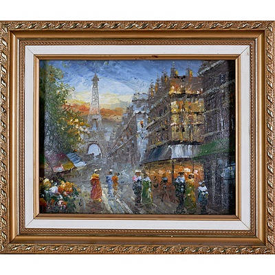 Vintage Oil on Canvas Parisian Scene in Antique Style Frame